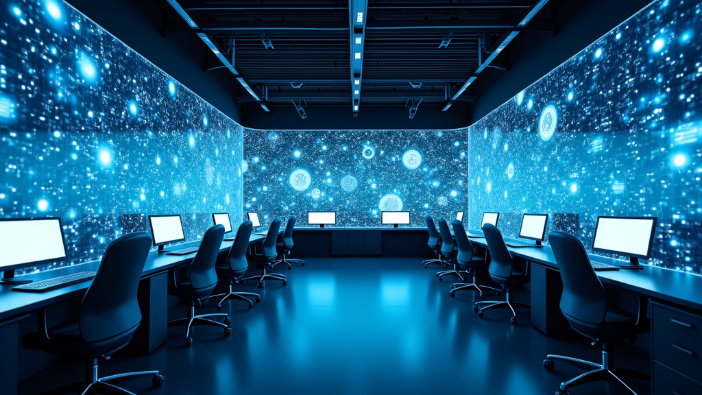 A modern data center featuring holographic displays and flowing data visualizations in a high-tech environment.