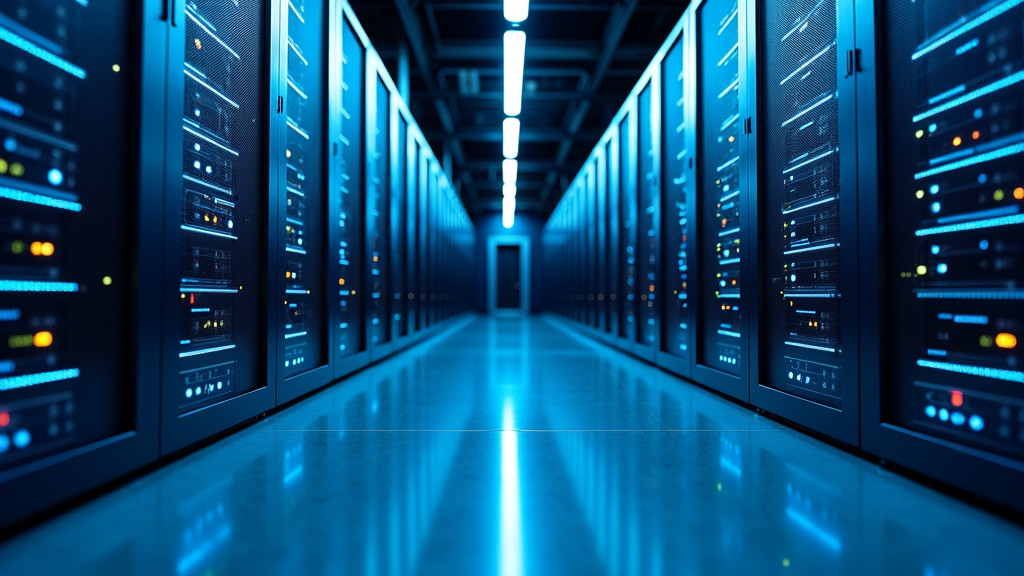 A modern data center filled with server racks illuminated by blue LED lights and holographic data flows.