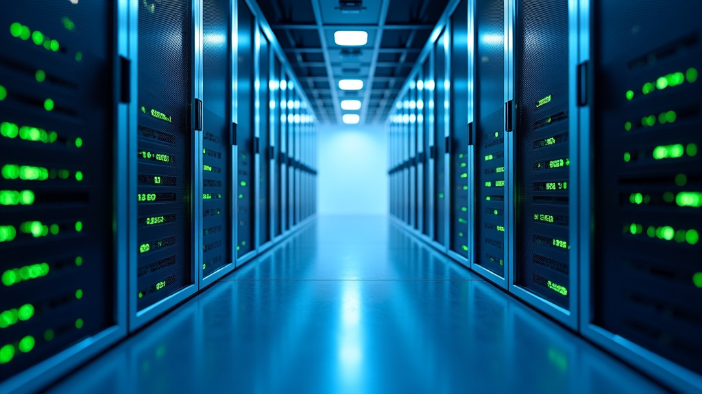 A photorealistic image of a modern data center with illuminated server racks and cool blue lighting.