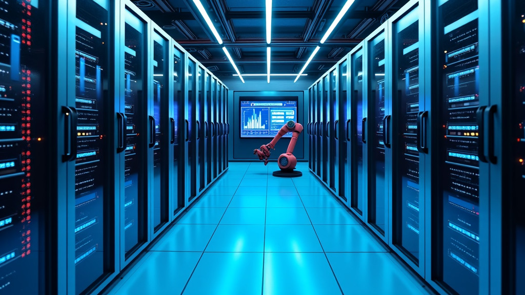 A modern data center server room with glowing blue lights and robotic arms.