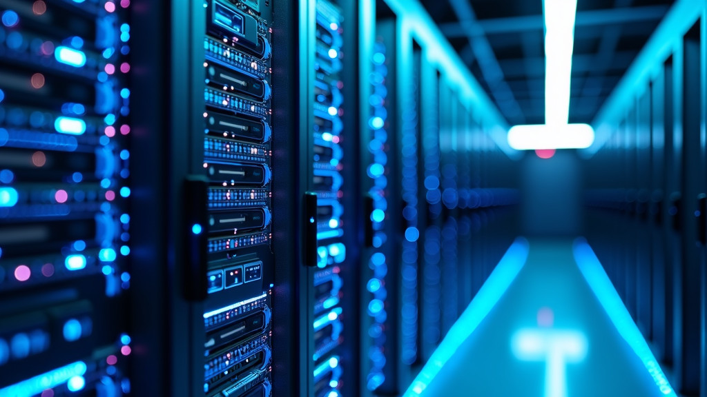 A close-up image of a modern data center server room with glowing blue LED lights and powerful GPU processors.