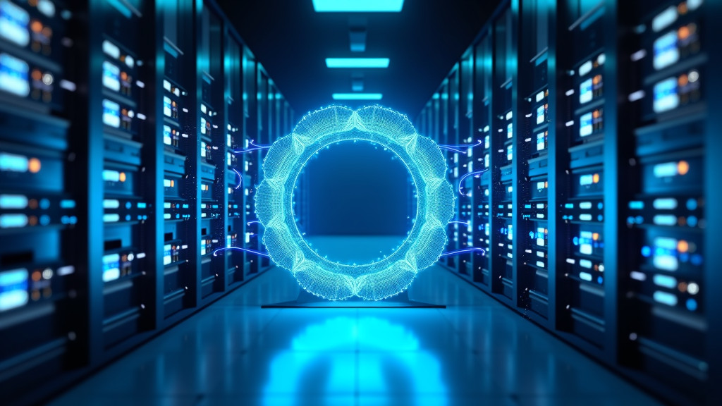 A sleek, photorealistic visualization of a modern data center with blue digital light streams flowing through a hexagonal gateway.