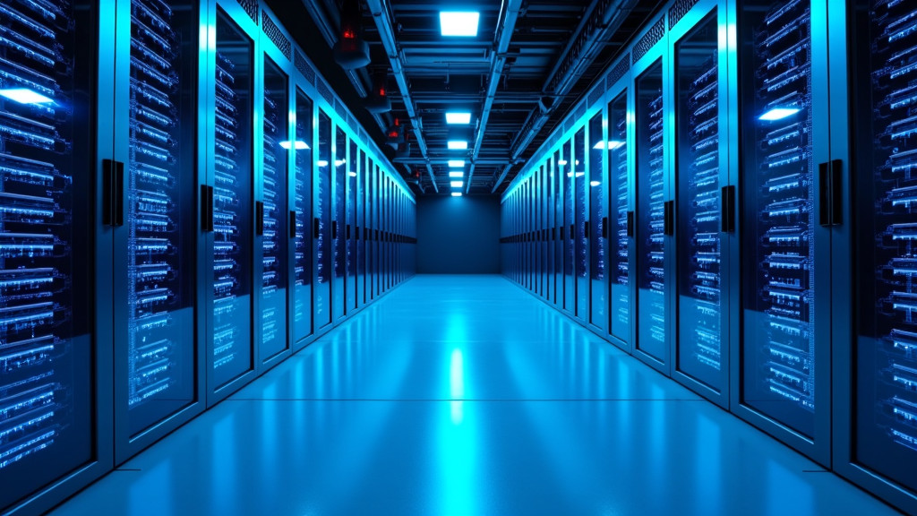 A photorealistic image of a modern data server room with sleek glass walls and blue-lit servers.