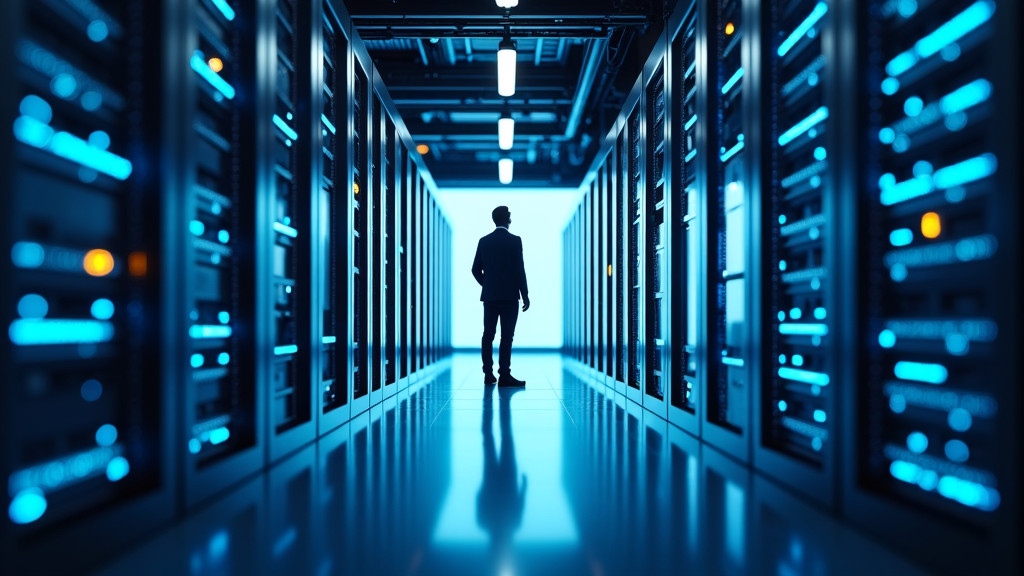 A modern digital data center with rows of sleek server racks and a human silhouette interacting with data points.