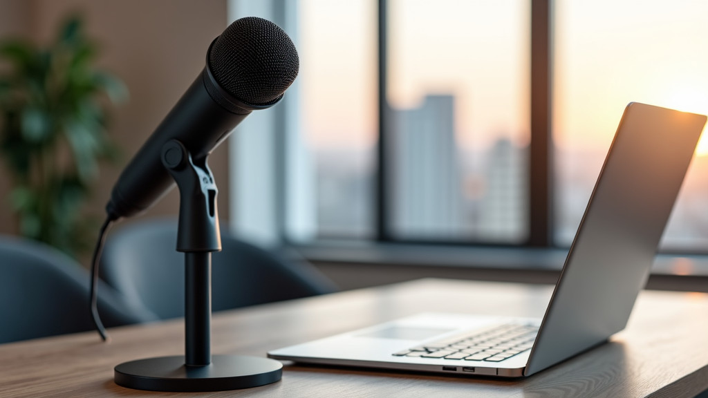 A modern home office setup featuring a high-end microphone and laptop in natural lighting.