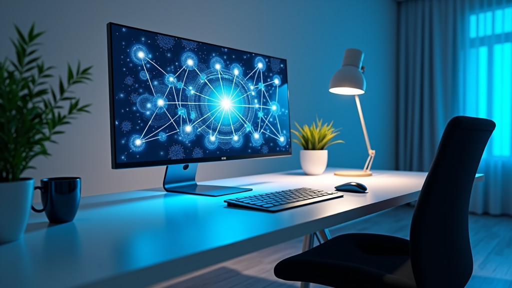 A sleek home office workspace with a holographic display and glowing data streams.