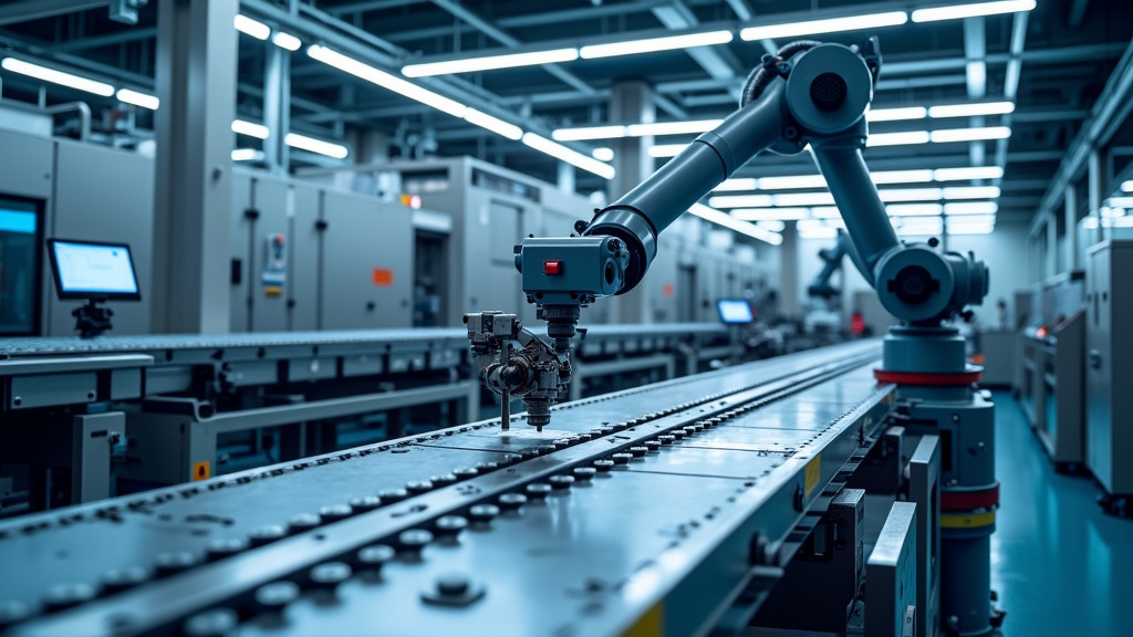 A modern industrial manufacturing floor with a robotic arm and automated machinery.