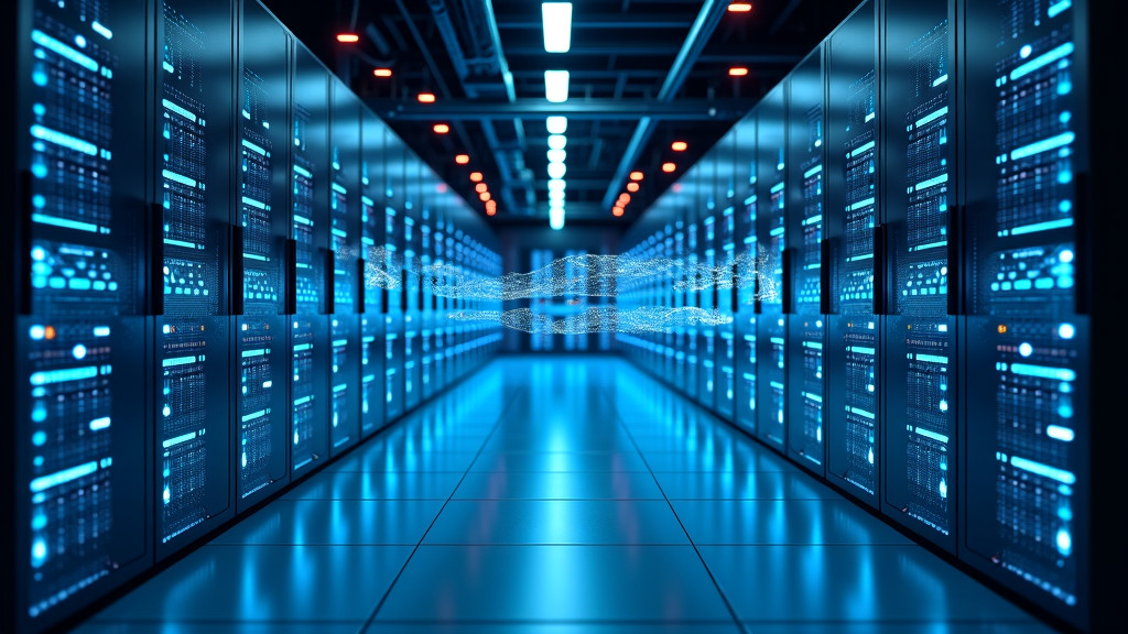 A modern minimalist data center interior with rows of server racks and blue ambient lighting.