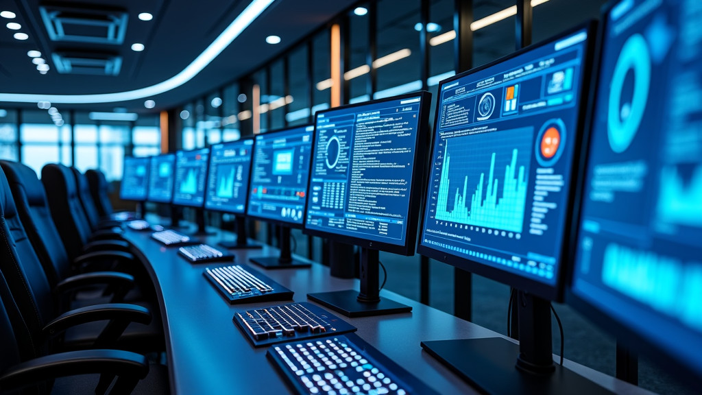 A modern, minimalist control room with curved display screens showing performance metrics in blue and white.