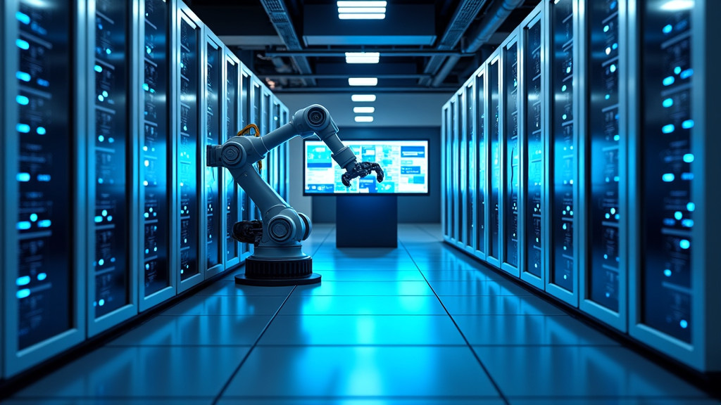 A clean, high-tech data center with automated robotics and digital systems in a blue-white color scheme.