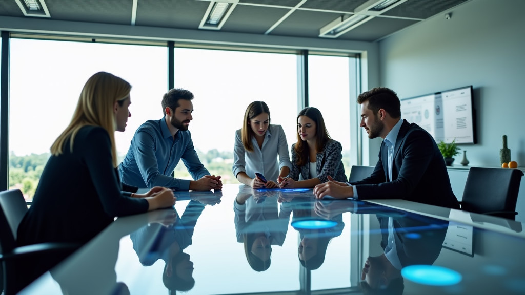 A modern, minimalist office space with diverse professionals collaborating around a sleek, curved interactive display showing colorful workflow diagrams.