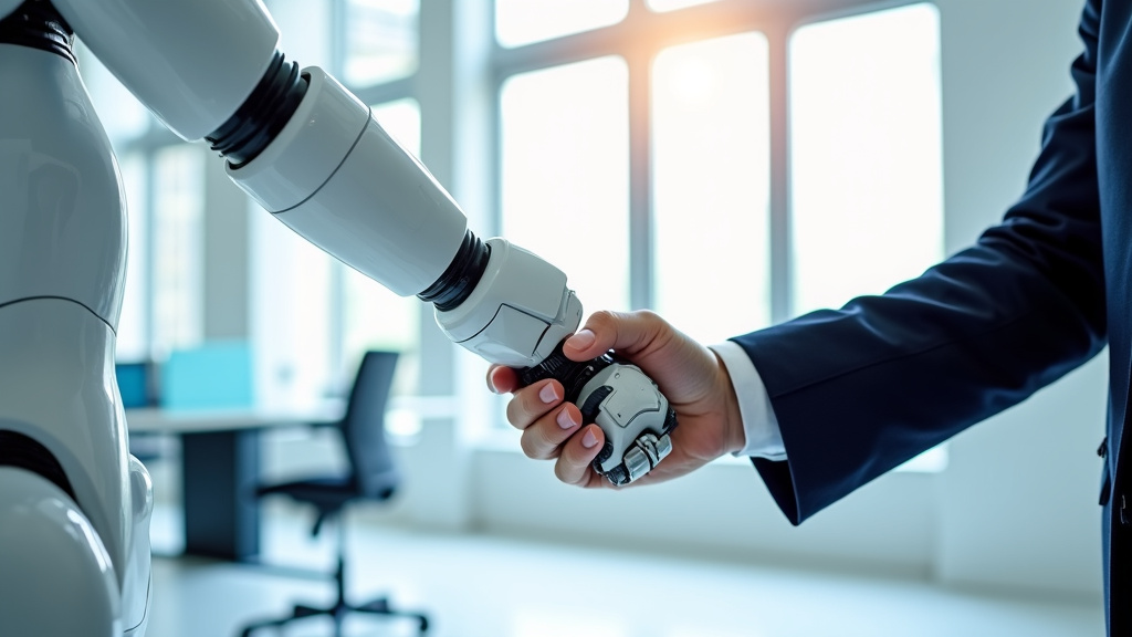 A human hand and a robotic arm reaching towards a floating digital diagram in a sleek office environment.