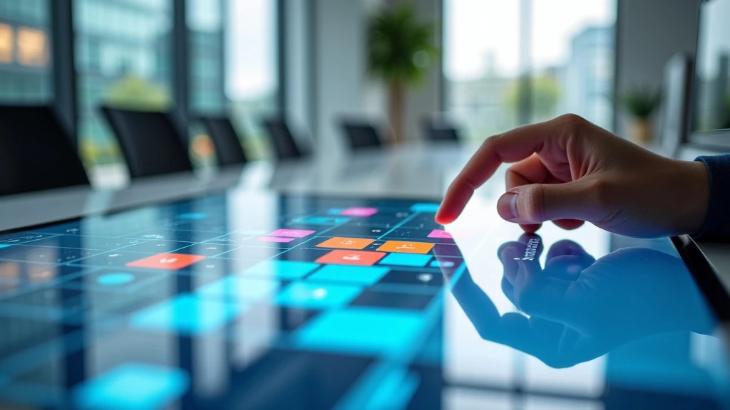 A sleek computer display showing a visual development interface with colorful components and a developer's hand interacting with a touchscreen.