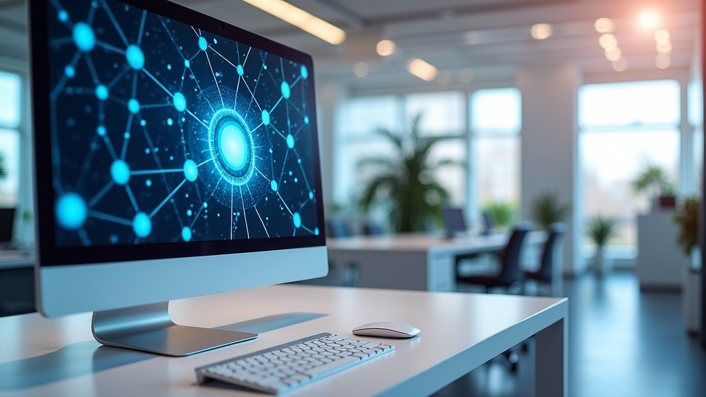 A modern office setup with a digital display showing glowing network nodes and a minimalist white desk with a computer monitor.