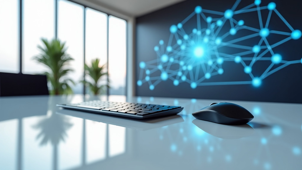 A modern office space with interconnected blue lines and nodes above a white desk, representing automated workflows.