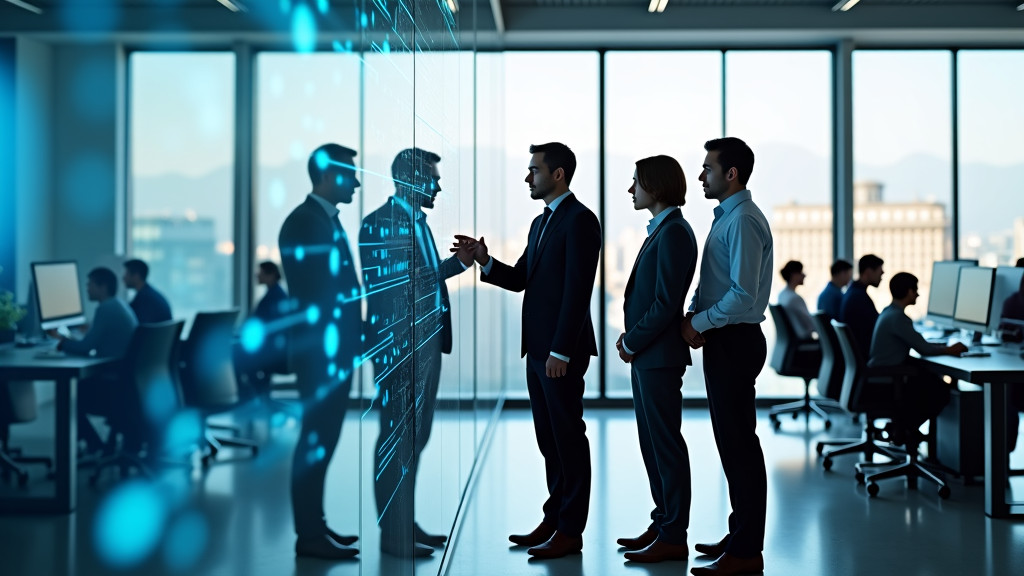 A diverse group of professionals gathered around a high-tech display in a sleek office with large windows and glass walls.