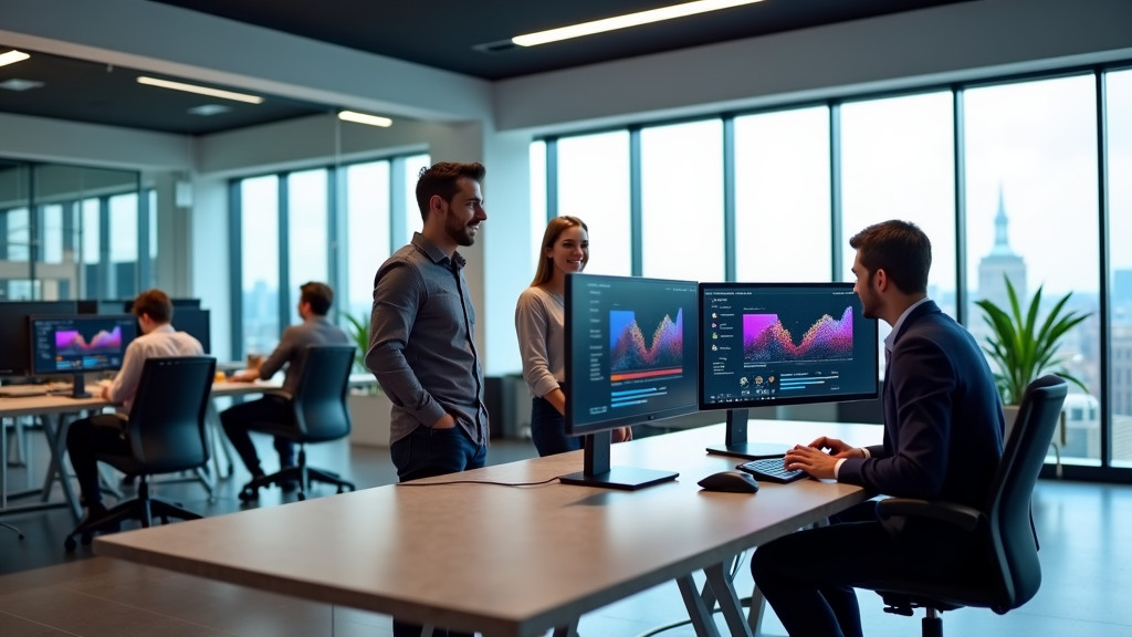 A modern open-plan office environment with a business team working together, featuring a minimalist desk setup with dual monitors.