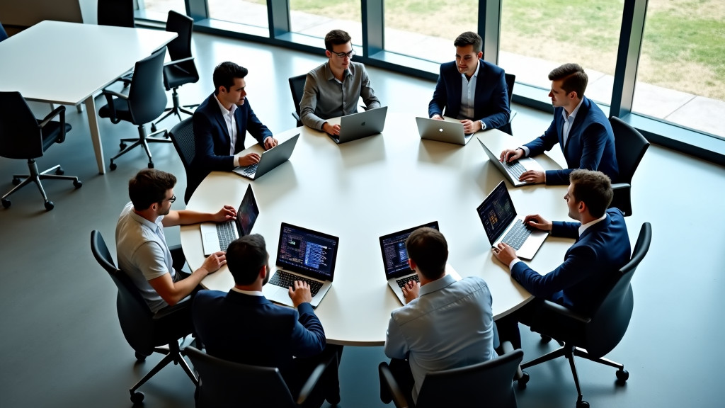 Aerial view of a modern, minimalist office space with diverse professionals collaborating around a round table.