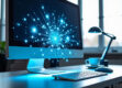 A sleek modern office desk with a floating holographic display showing 3D financial graphs in blue and white.