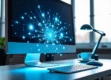 A sleek modern office desk with a floating holographic display showing 3D financial graphs in blue and white.