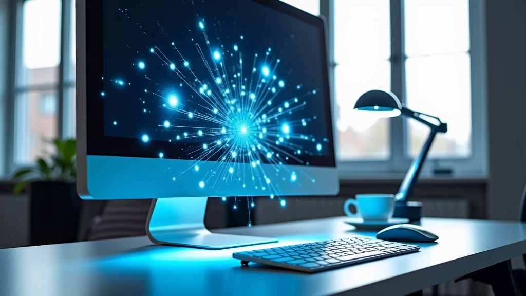A sleek modern office desk with a floating holographic display showing 3D financial graphs in blue and white.
