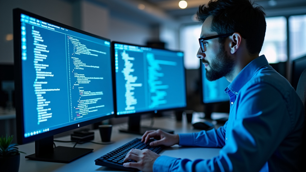 Modern office setting with a developer workstation showcasing multiple monitors with code interfaces.