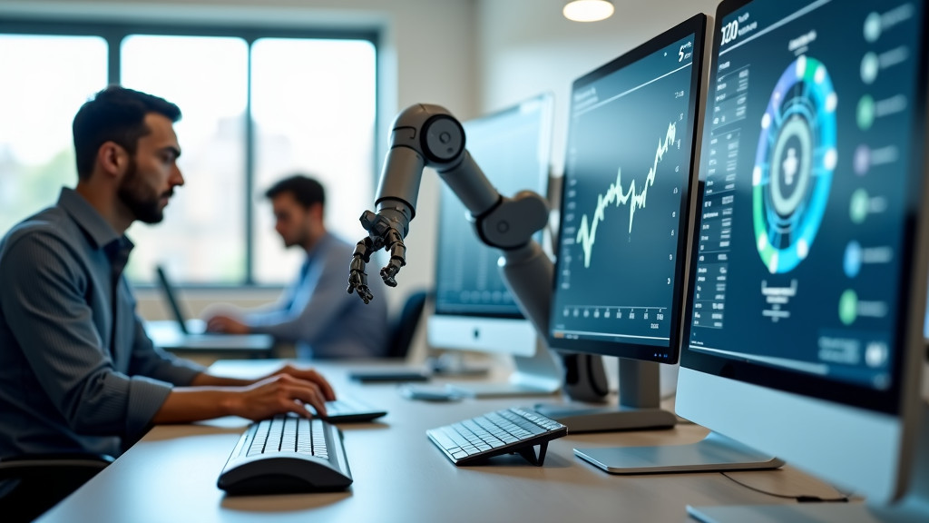 A modern office space with a dual-monitor workstation and a robotic arm hovering near the keyboard.