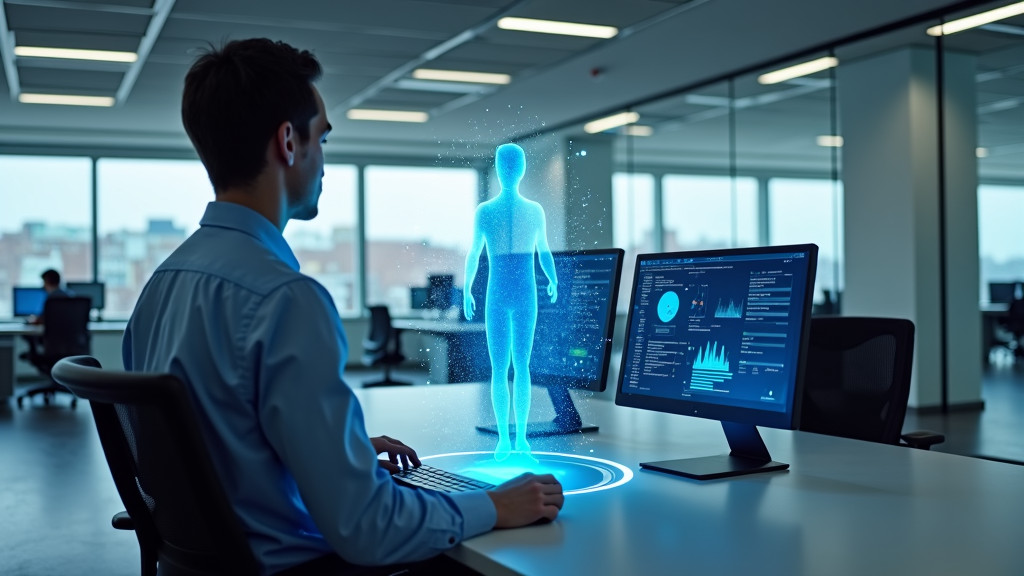 A modern office with a floating hologram display between a worker and a workstation showing blue network nodes.