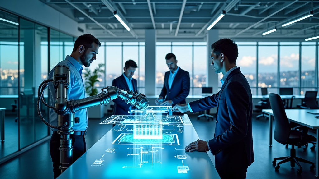 A modern office with robotic arms working alongside human employees in a bright, well-lit environment.