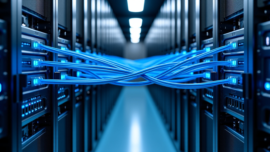 A photorealistic image of a modern office server room with glowing blue cables between two server racks.