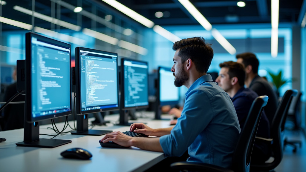 A sleek, modern office space with developers collaborating at a shared desk setup.