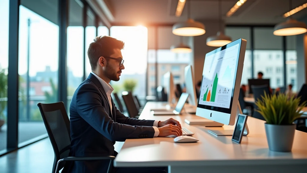 A modern, bright office space with a new employee sitting at a sleek workstation