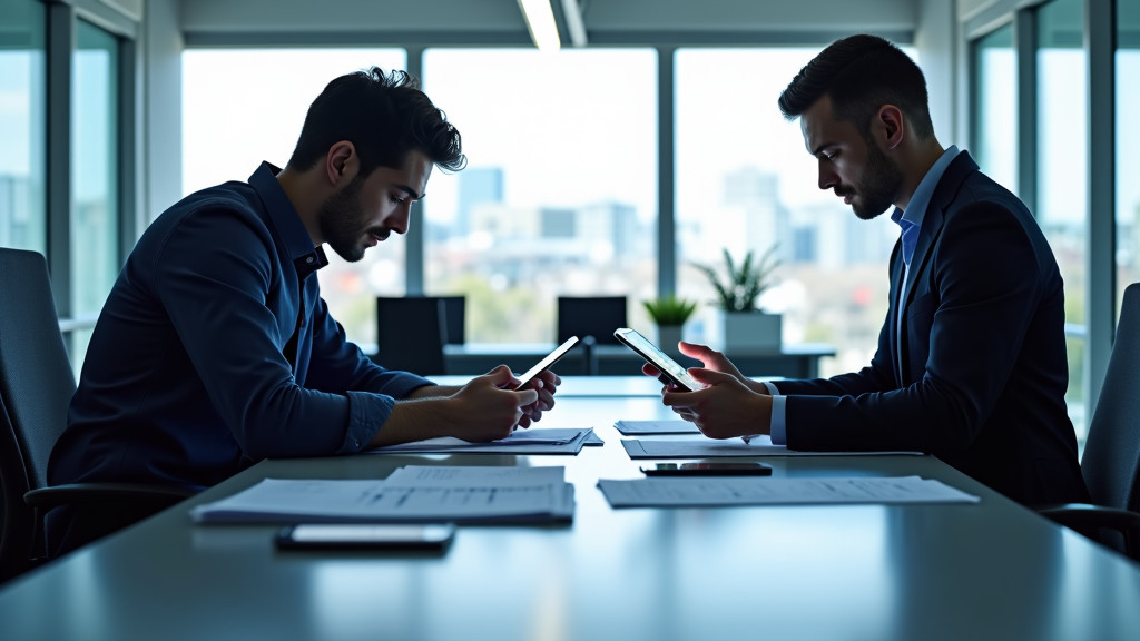 A split-screen image showing a stressed professional sorting through papers on one side and a calm professional using a tablet with holographic workflow diagrams on the other side.