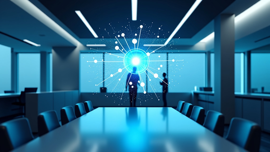 A sleek, modern office space with glowing holographic nodes representing marketing workflows.