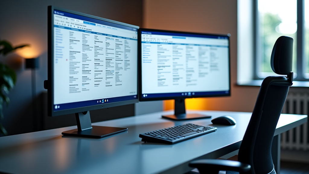 A modern office workspace with a sleek minimalist desk setup featuring digital displays and a wireless keyboard and mouse.