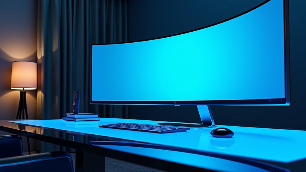 A modern, photorealistic office workspace featuring a sleek curved ultrawide monitor and a glass desk in a contemporary setting.