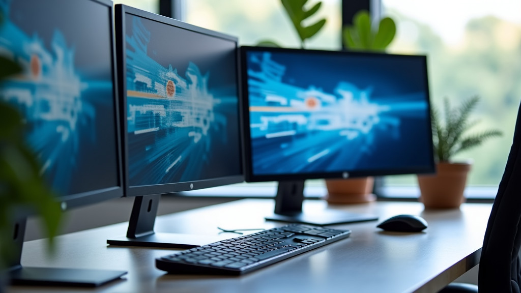 A professional, minimalist photograph of a modern office workspace with multiple computer screens showing workflow interfaces and soft natural lighting.