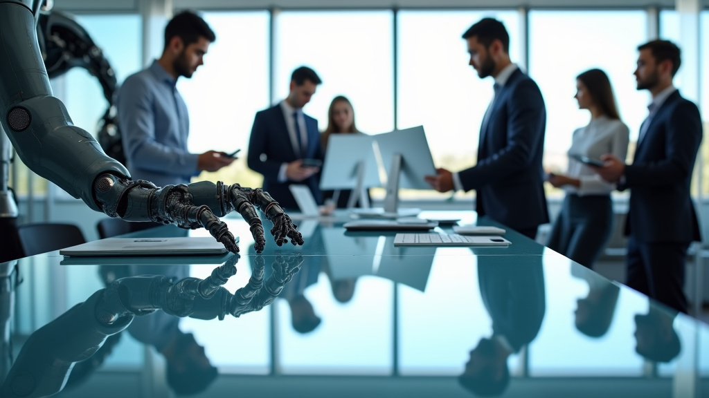 A modern office workspace featuring robotic arms and human collaboration.