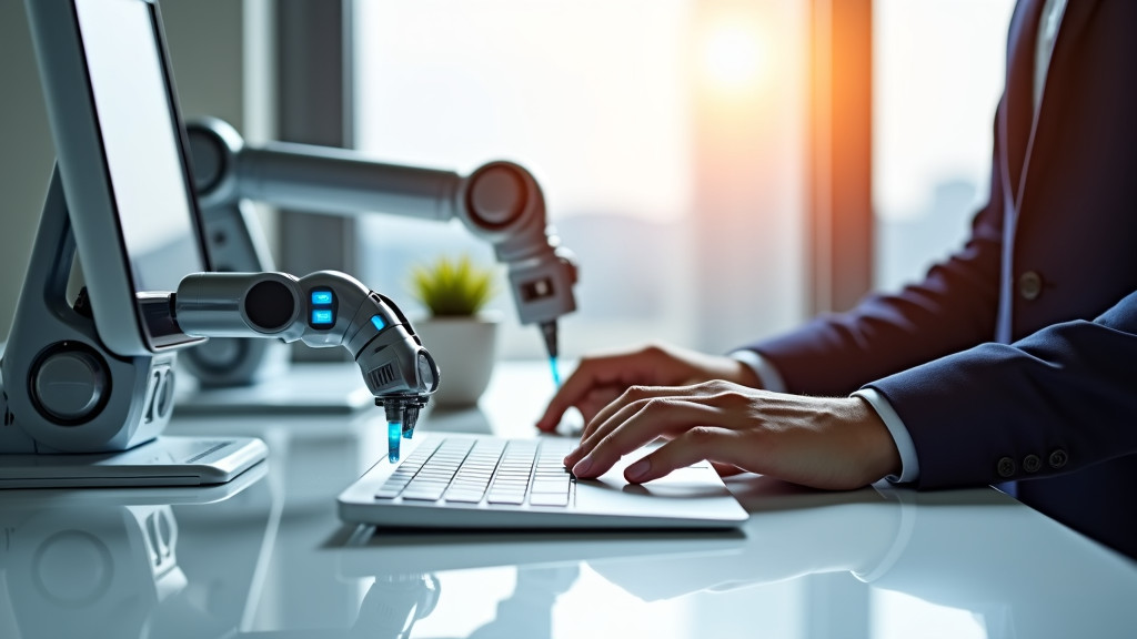 A modern office workspace with robotic arms and human hands collaborating on a white desk.