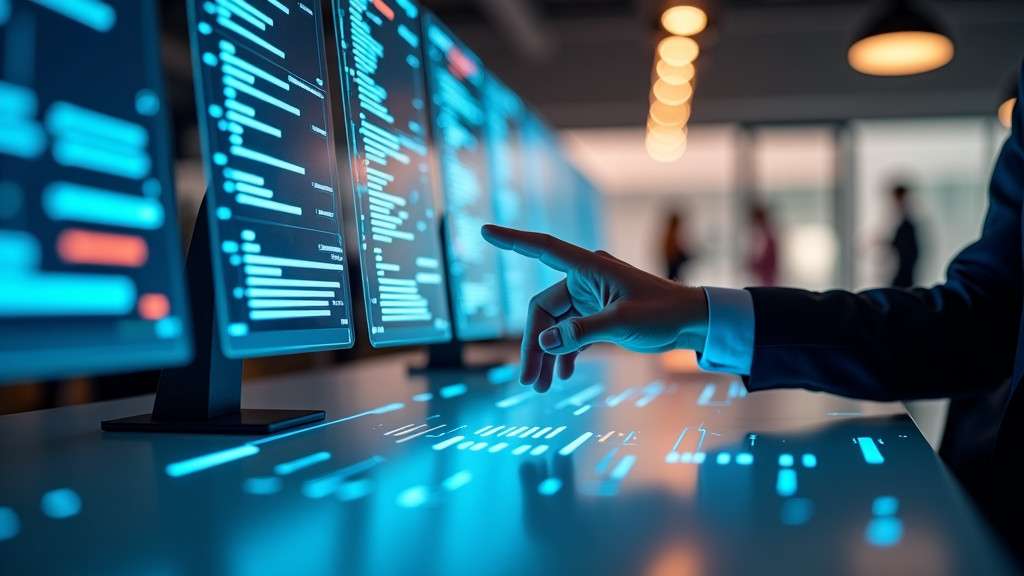 A sleek, modern office workspace with floating transparent digital displays showing flowcharts and data streams, featuring a human hand interacting with a holographic interface.