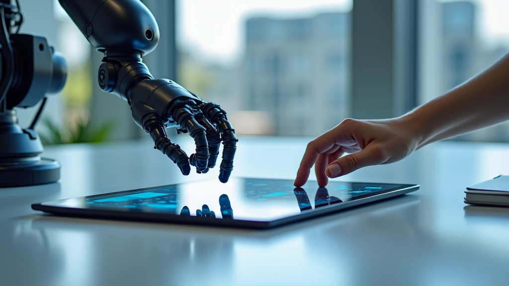 A modern office workspace with a robotic arm and human hand collaborating over a digital tablet.