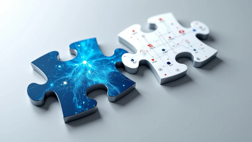 A professional photo of two modern puzzle pieces interlocking, one with a blue digital pattern and the other with email icons, casting soft shadows.