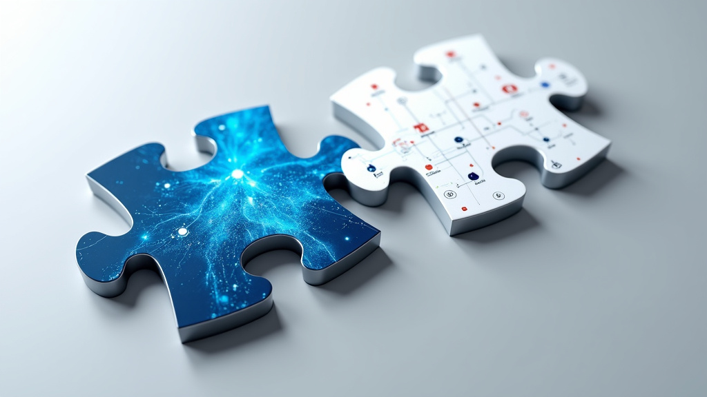A professional photo of two modern puzzle pieces interlocking, one with a blue digital pattern and the other with email icons, casting soft shadows.