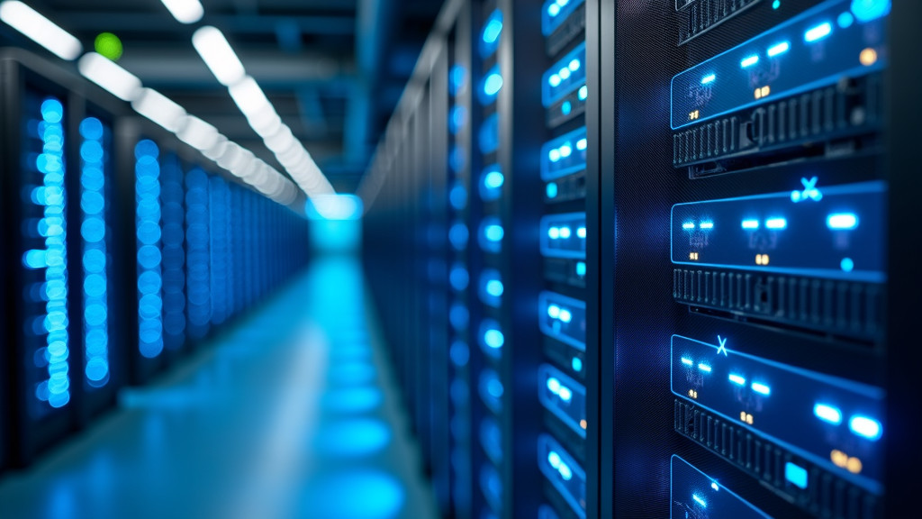 A sleek, modern server room with illuminated blue servers and glowing LED indicators.