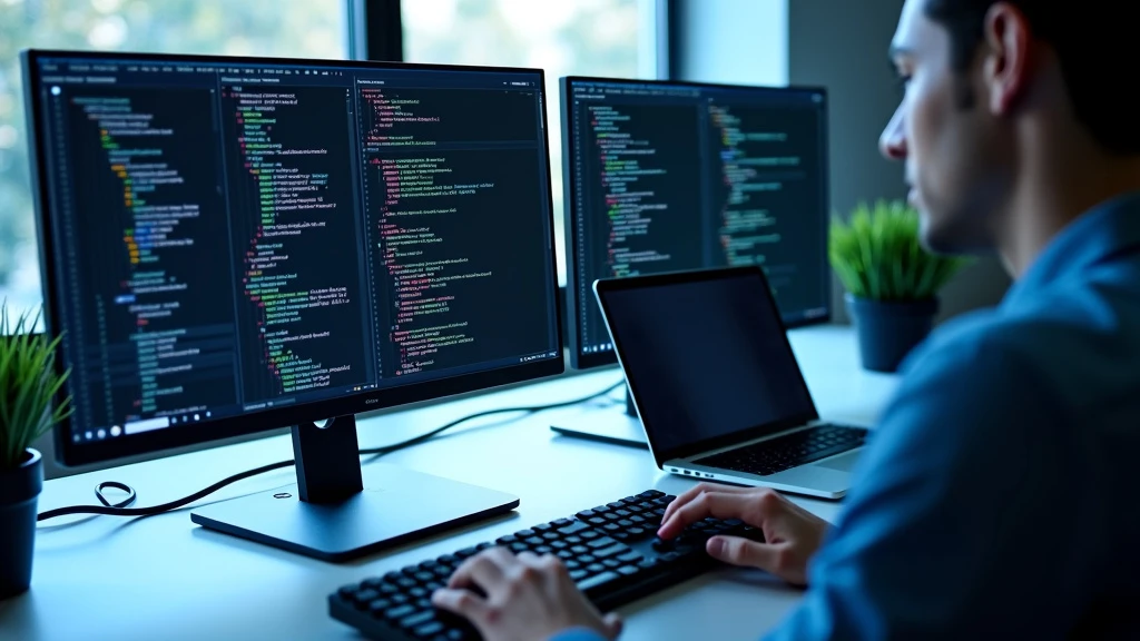 A minimalist photograph of a modern software development workspace setup with multiple monitor screens, a mechanical keyboard, and a sleek laptop.