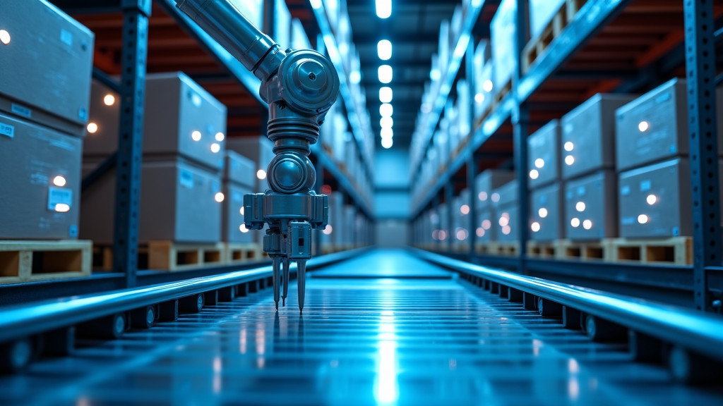 A modern warehouse interior featuring robotic arms and conveyor belts with cool blue lighting.