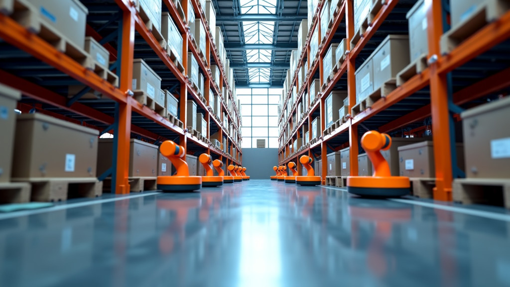 High-angle view of a modern Amazon warehouse interior with Kiva robots moving between metal storage shelves.