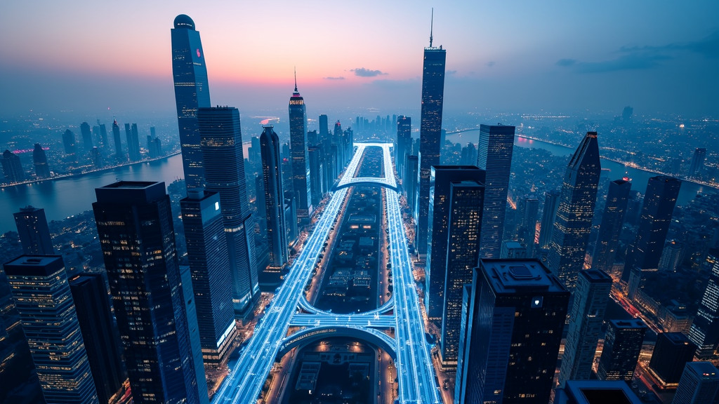 Aerial view of a modern city at dusk with glowing paths and data points representing location services.