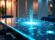 Photorealistic soft-lit modern corporate office space featuring an elegant glass desk with holographic interface and glowing data streams connected to an AI hub.