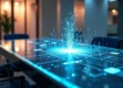 Photorealistic soft-lit modern corporate office space featuring an elegant glass desk with holographic interface and glowing data streams connected to an AI hub.